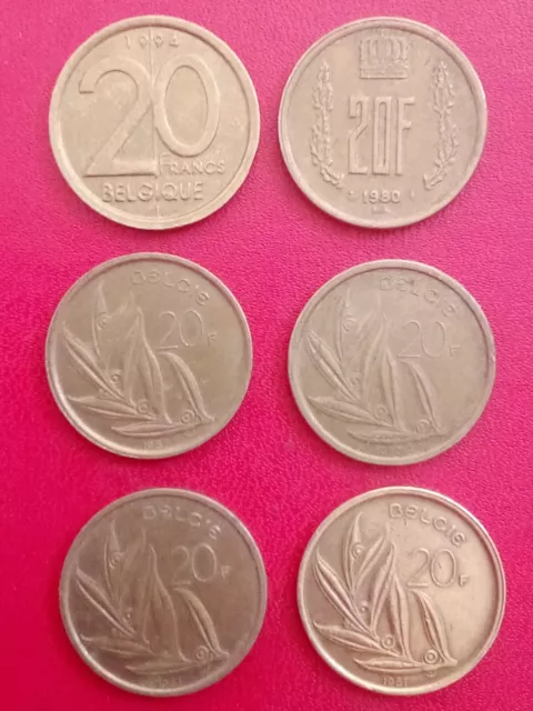 Lot De 6 Pièces De 20 Francs Belgique Belgie Années 1980/1990 Etat TTB+