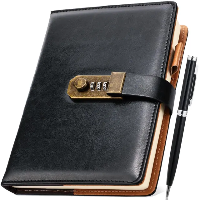 A5 Leather Journal Diary with Combination Lock Refillable Notebook for Travel