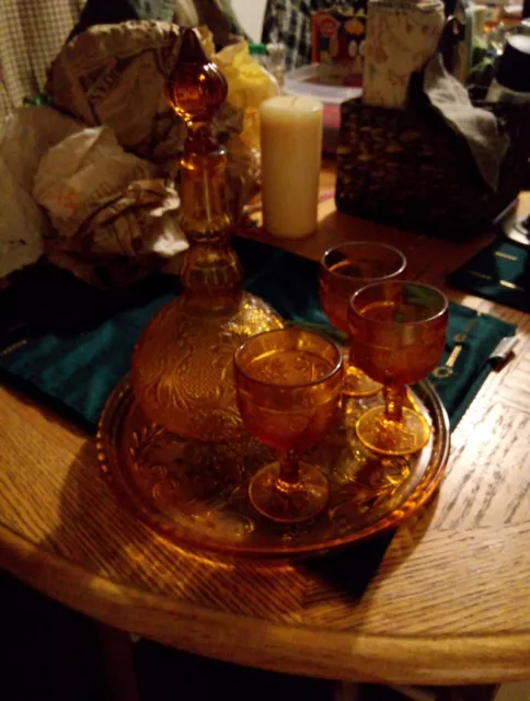 1970's Amber Glass Decanter Set 8 Goblets & Tray Indiana Glass Co. 2