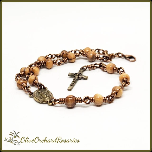 Handmade Miraculous Medal St Benedict Semi Wrap Rosary Bracelet Olive Wood Beads