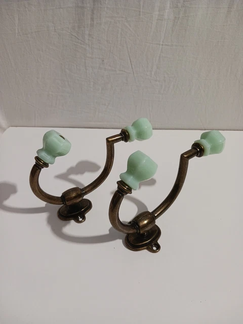 Pair Brass Jadeite Green Porcelain Knobs Wall Mount Hat Coat Towel Hanger Hook