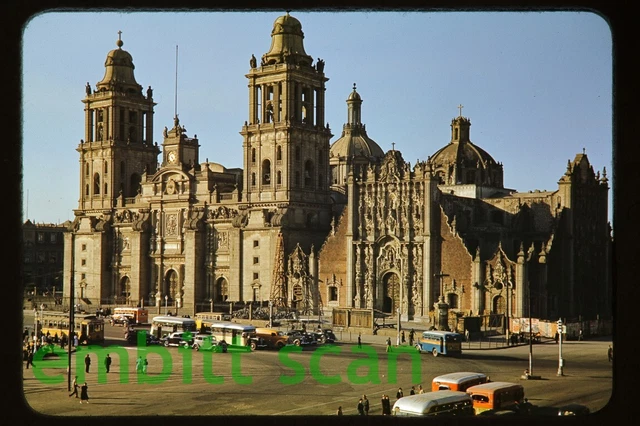 Original Slide, Mexico City Tram Trolley & Buses Street Scene, 1940s