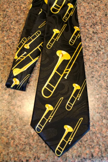 NWT Men's Black Neck Tie With Trombones Music Brass Instrument Trombone #3