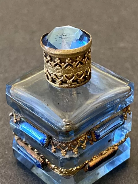 Vtg MINI Perfume Bottle Czech Blue Glass Faceted Gems Aquamarine