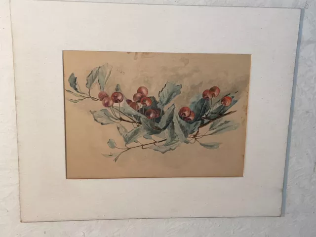 Lovely Original Watercolor Painting Signed L.E.B.Y.  Cherry Tree Branch Cherries