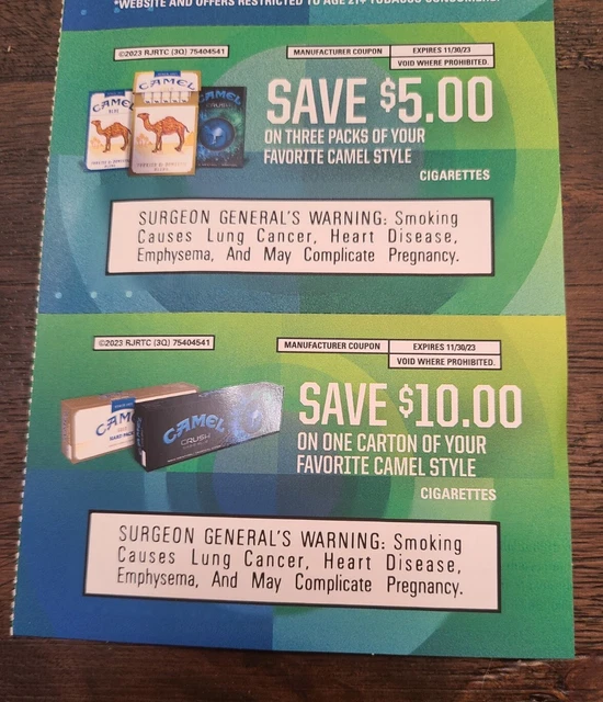 2 CAMEL COUPONS. $10 off a one carton and $5 off three packs. exp 11/30/23  $6.00 - PicClick