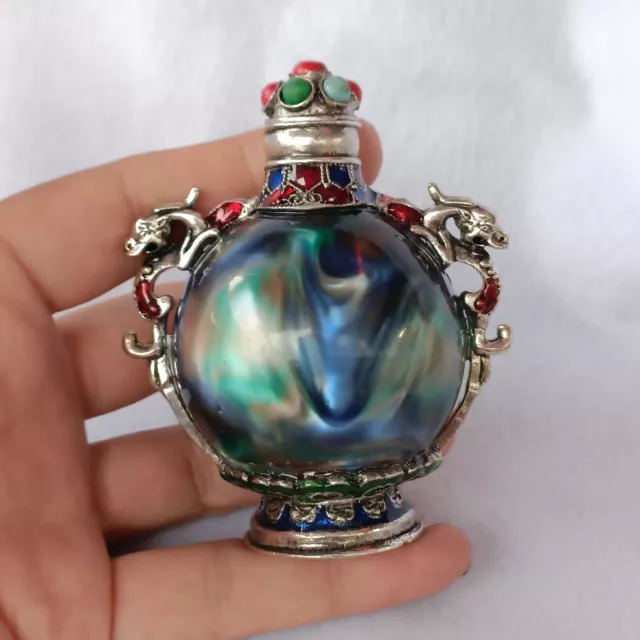 vintage peking chinese cloisonne snuff bottle Silver dragon Christmas gift art