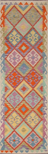 Alfombra de corredor estrecha reversible tejida plana color pastel diamante Kilim 3'x10'
