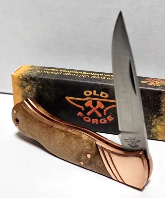Old Forge Brown Wood Handle Copper Grooved Bolster Lockback Folding Pocket Knife