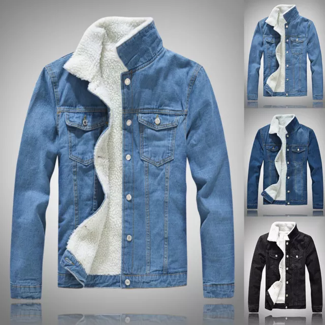 Men's Fleece Lined Winter Warm Fur Collar Coat Trucker Denim Jean Jacket Outwear