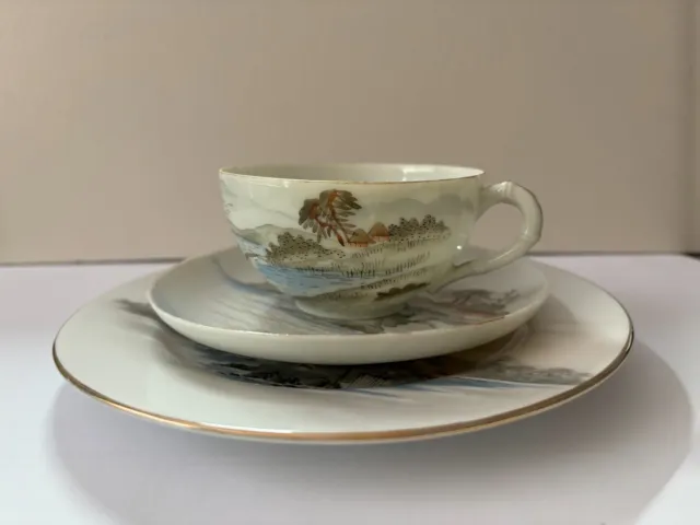 Vintage Japanese  Kutani porcelain tea cup, saucer  and side plate