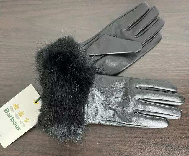 BARBOUR Womens Size Small Black Soft Leather Gloves Faux Fur Trim Fancy