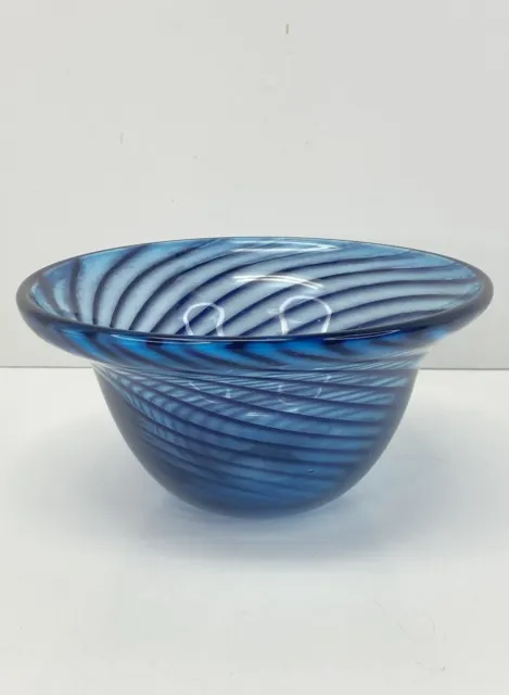 Hand Blown Art Glass Bowl Blue Pinwheel Swirls Artist Signed & Dated - EUC