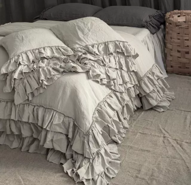 Natural Cotton duvet cover with three tiered ruffles Shabby Chic Cotton duvet