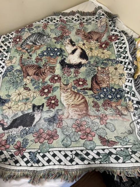 Garden Kitty Cats Butterfly Flowers Floral Tapestry Throw Blanket 60" x 52" 2