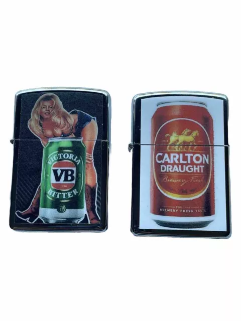 2 PCs Windproof Oil Lighters VB And Carlton Draught Beer Design Novelty Item