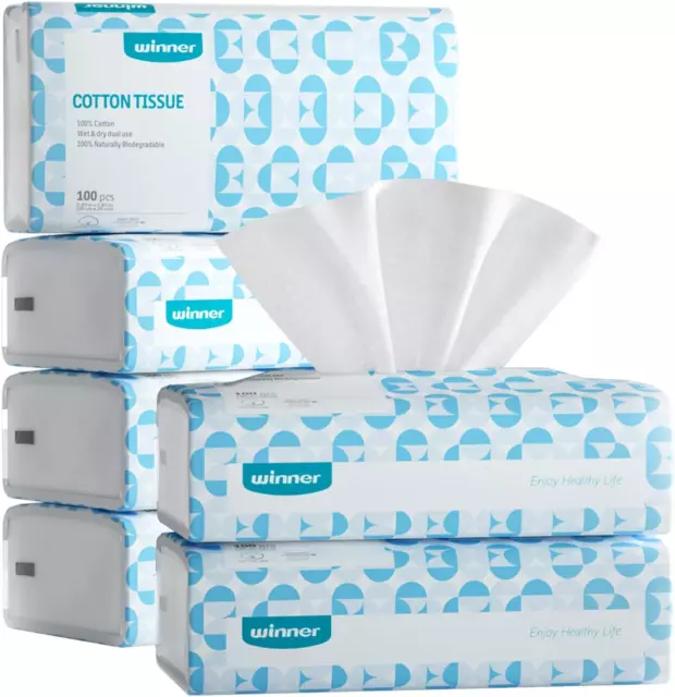 Soft Face Towels 100% USA Cotton Dry Wipes 600 Count Unscented Tissues 6 Packs