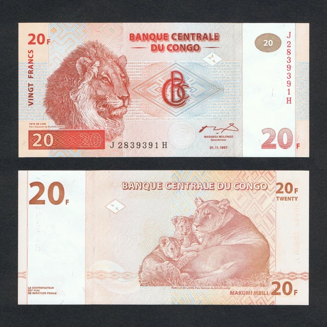 1997 Congo Democratic Republic 20 Francs P-88 Unc+Lion Kundelungu National Park