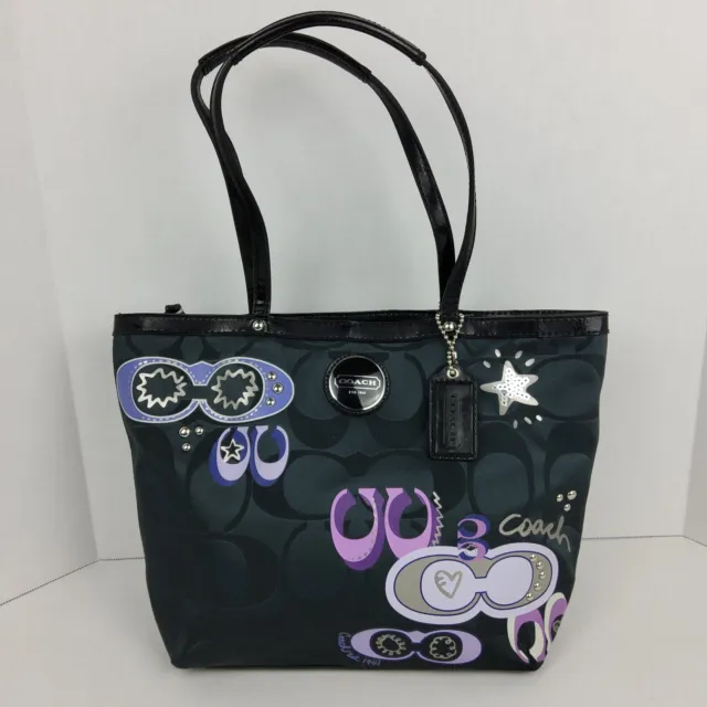 Coach F17574 Signature Tote Handbag Satin Purple Sequins Medium