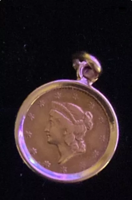 1851 Type 1 $1 Gold Dollar Coin AU Detail And 14k Gold Prong Bezel USA Gold Rush