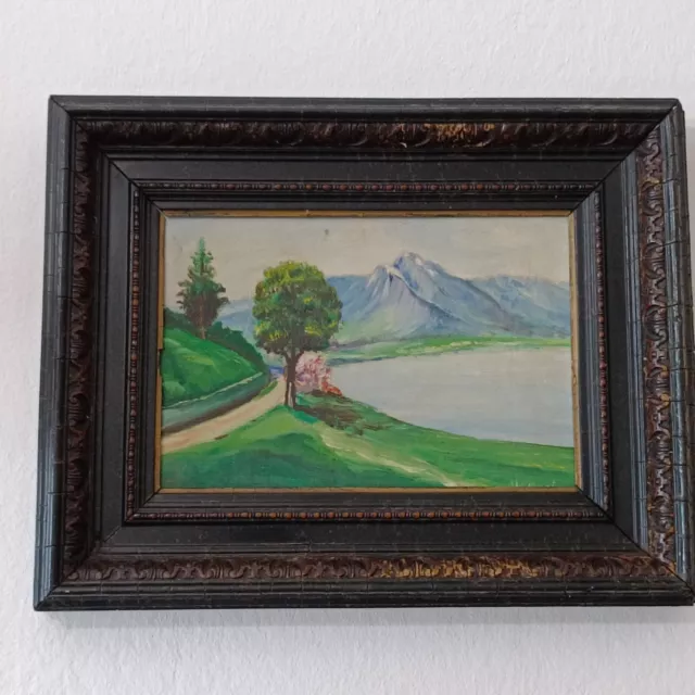 Quadro dipinto a olio su tavola paesaggio. Antico cornice. V Montanari