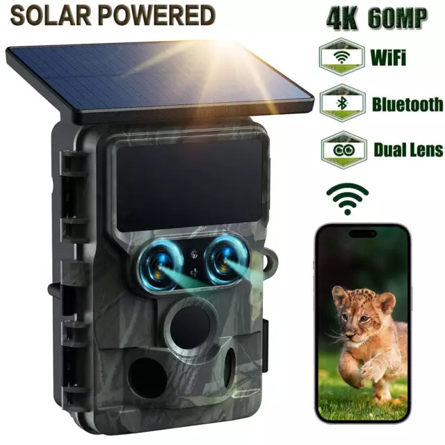 Solar Dual Lens Trail Camera 4K 60MP WiFi Wildlife Hunting Camera Night Vision