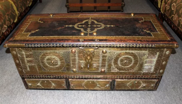 Antique Zanzibar Teak Wood and Ornate Brass Studded Dowry Chest, Made in Italy