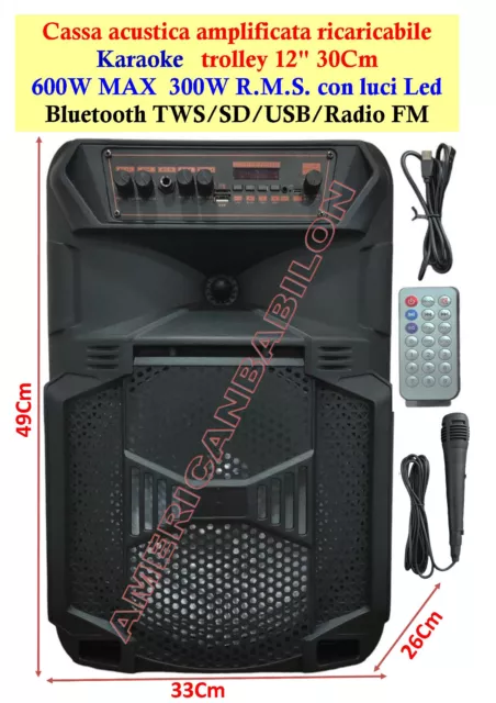 Cassa Amplificata professionale 12"30Cm 1500Watt Bluetooth USB Karaoke Microfono