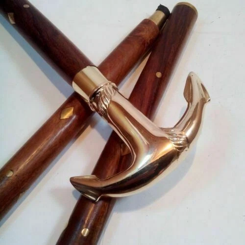 Victorian Brass Anchor Handle Designer Cane Antique Wooden Walking Stick Style