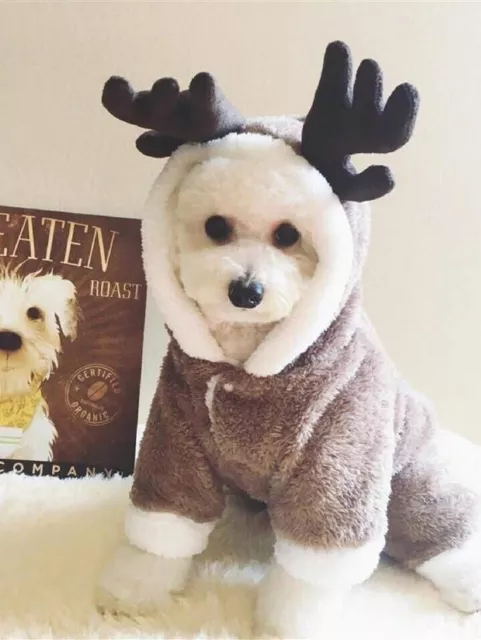 Brown Dog Outfit Christmas Reindeer Fleece Costume Warm Pet XL 4-5kg