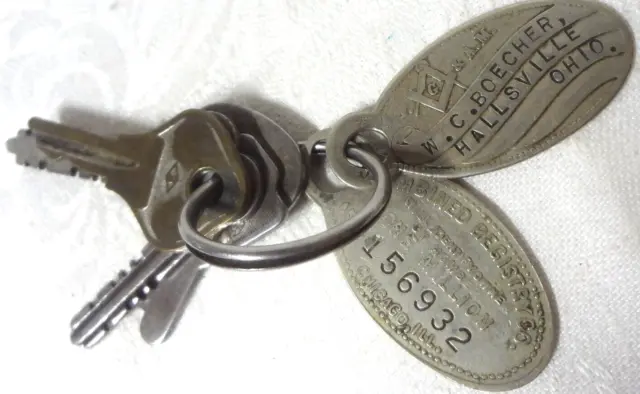 c1920's MASONIC KEY FOB with KEYS & RETURN FOB & HOLDING RING - UNUSUAL!