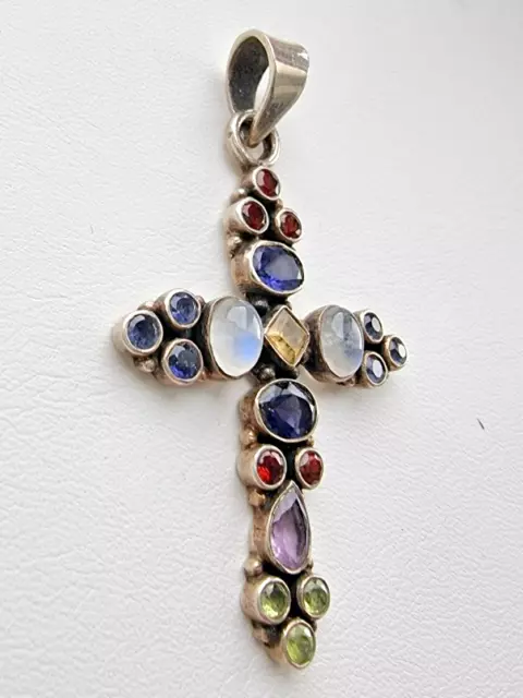 925 STERLING SILVER Faceted Natural Multicolor Gemstones Cross Pendant ...