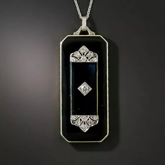 Antike Art Deco 925 Sterling Silber Halskette Anhänger Schwarz Emaille Mit... 2