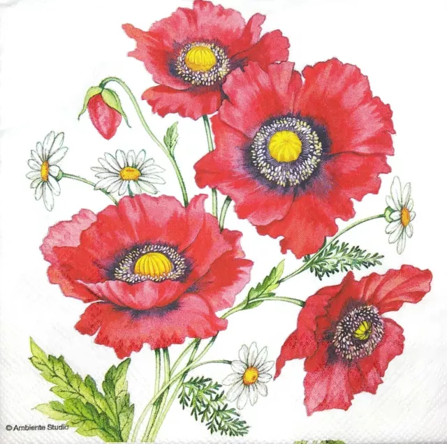 M688# 3 x Single Paper Napkins Decoupage Craft Tissue Red Poppies Flowers Bunch