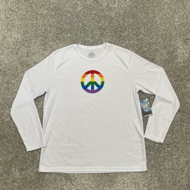 Vapor Apparel Shirt Mens Large White UPF 50 Sun Protection Rainbow Peace Sign