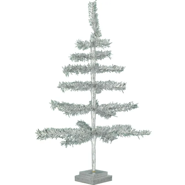 28in Tall Vintage Silver Tinsel Christmas Tree, Wood Stand Included