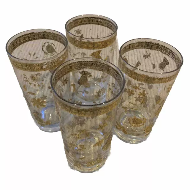 Four Culver "Gold Chantilly"  5-1/2" Highball Tumbler Glasses - Encrusted Floral