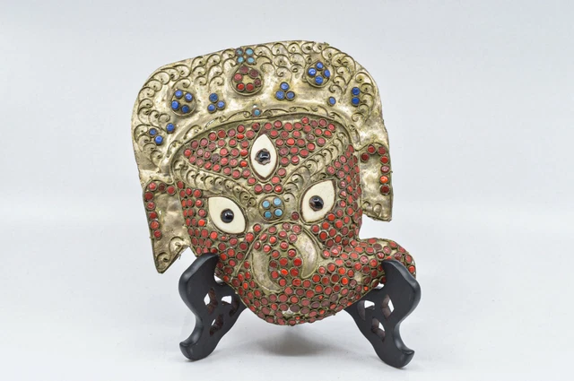 Vintage Nepalese inlade Lord Ganesh wall mask , 8 inches long
