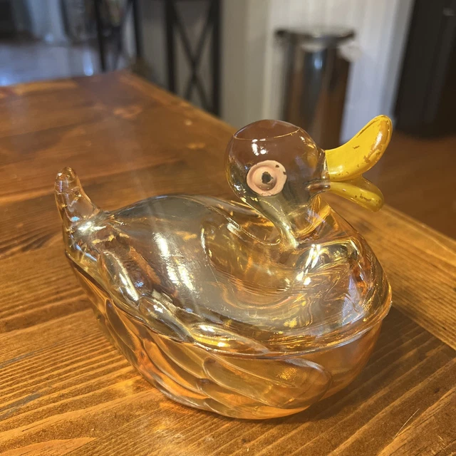 VINTAGE CARNIVAL GLASS Duck Iridescent Figure Butter Candy Dish Lid