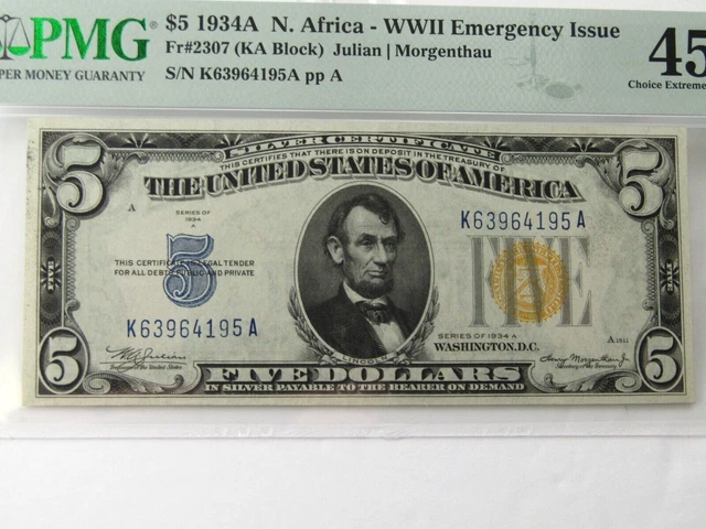 1934-A $5 North Africa Silver Certificate Certified PMG XF 45 EPQ
