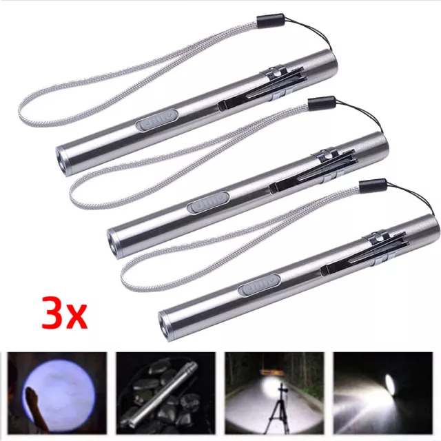 3pcs LED USB RECHARGEABLE MINI FLASHLIGHT Stainless Steel Pen Light 1000 Lumens