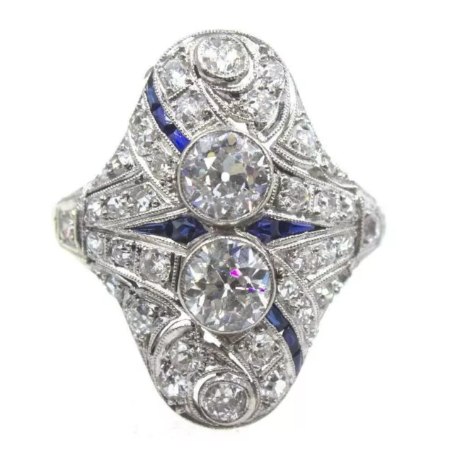 Art Deco Style Simulated Diamond & Sapphire Dinner Engagement Ring In 925 Silver