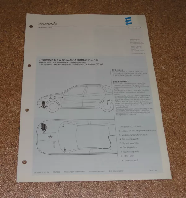 Instructions D'Installation Eberspächer Chauffage D 5 W Sc pour Alfa Romeo