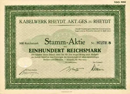 Kabelwerk Rheydt AG Rheydt histor. Aktie 1925 AEG Alcatel Nexans Mönchengladbach