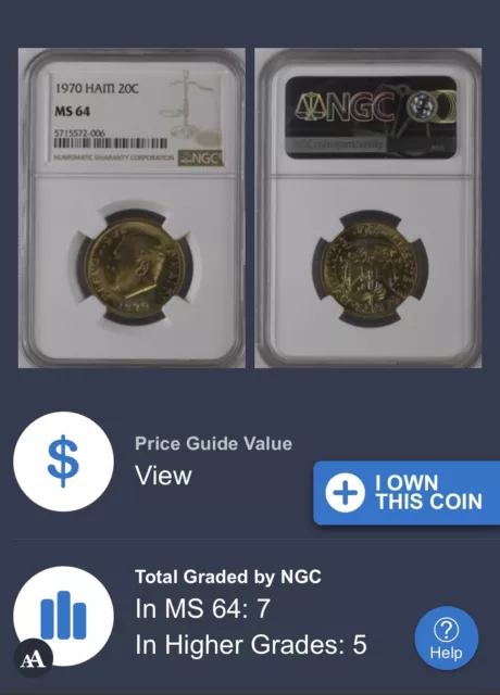1970 Haiti 20 Centimes KM# 77 - NGC MS64