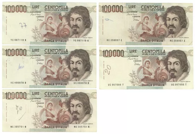 100000 Lire Lot 5 Bank Notes Italy Caravaggio I Type Letter C 1986 Bb-