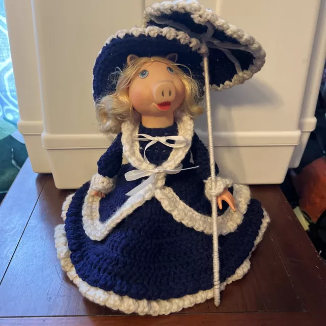 Vintage Blonde Haired Vinyl Miss Piggy Doll with Crocheted Dress and Hat-12"