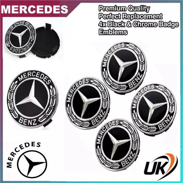 4x Black Mercedes Benz Alloy Wheel Centre Hub Caps 75mm Badges Emblem - Fits All