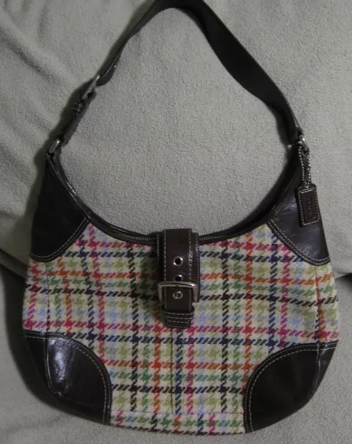 $380 COACH Multicolor Plaid Wool & Brown Leather Satchel Tote Ergo Shoulder Bag