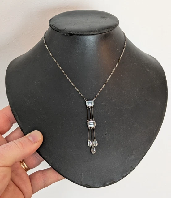 Collier Vintage Métal Argenté Avec Pierres Bleues - Bijou Ancien Occasion